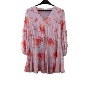 LuLu’s Entro Women Long Balloon Sleeve Lavender Floral V-neck Dress Size Medium
